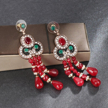 Red Natural Stone Antique Gold Black Enamel Crystal Drop Earrings - The Jewellery Supermarket